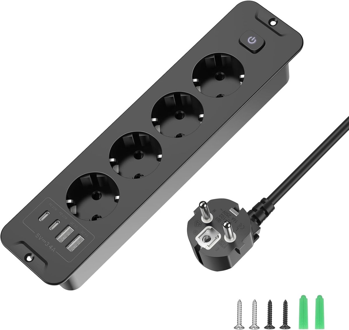 Tafelstopcontact 4-voudig met 2 USB en 2 Type-C - Inbouwstopcontact - 2 m kabel - Ideaal voor meubels - ShopVlot