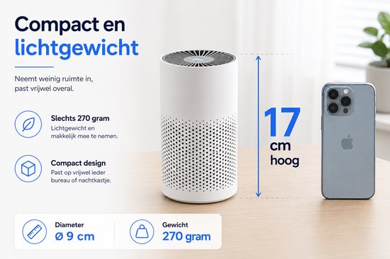 Witte luchtreiniger naast iPhone. 17 cm hoog, diameter 9 cm, weegt 270 gram. Compact en lichtgewicht.