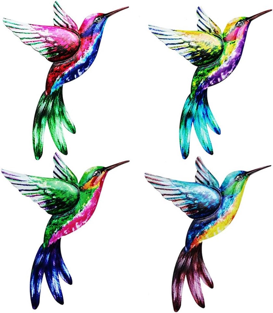 Hummingbird Wanddecoratie 4 Pack - 3D Metaal - Kleurrijke Buitenwandkunst - Levendige Sfeer in Huis - ShopVlot