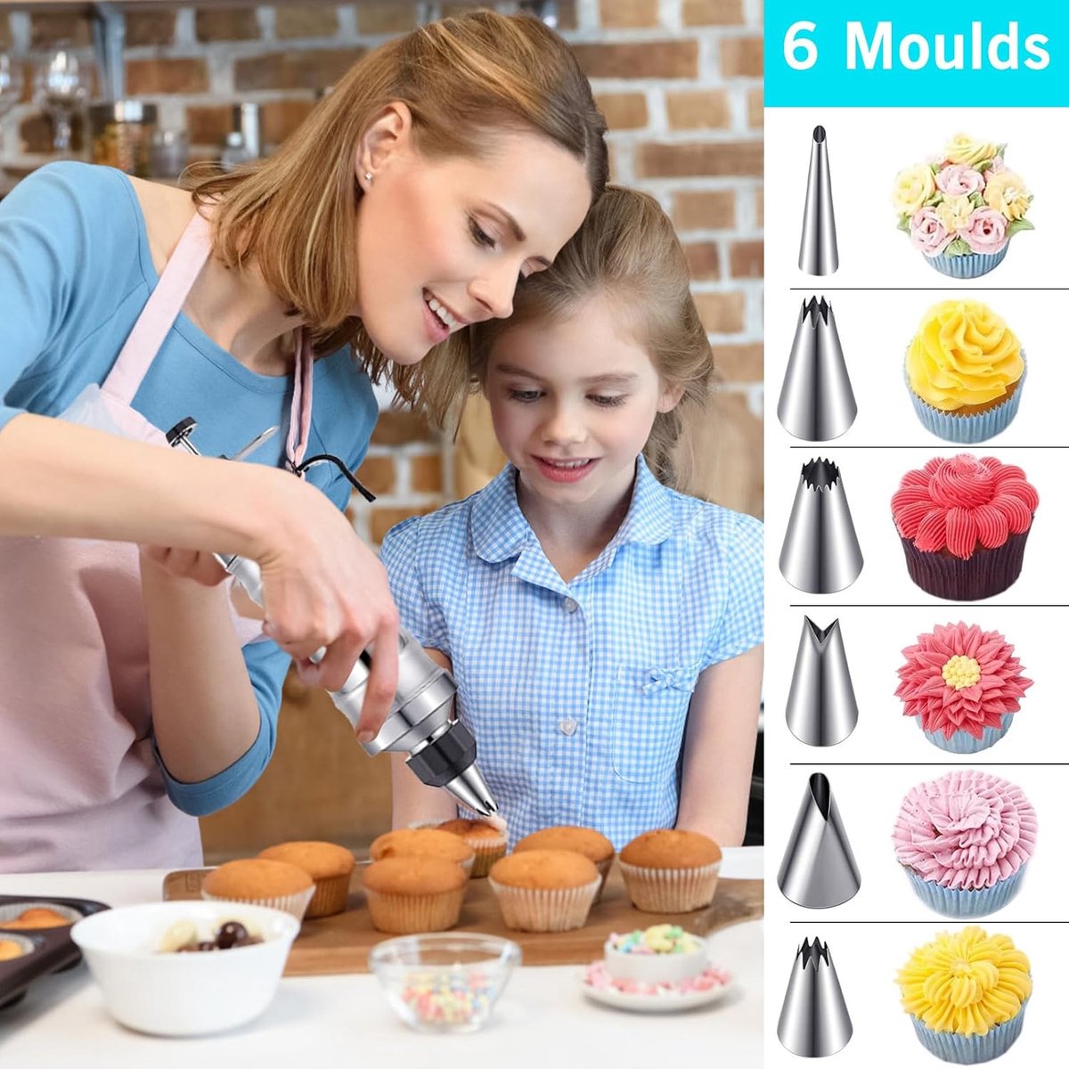 Dessertspuit RVS 13-delig - met 6 spuitmondjes en 3 botercrème spatels - ideaal voor cupcakes en gebak - ShopVlot