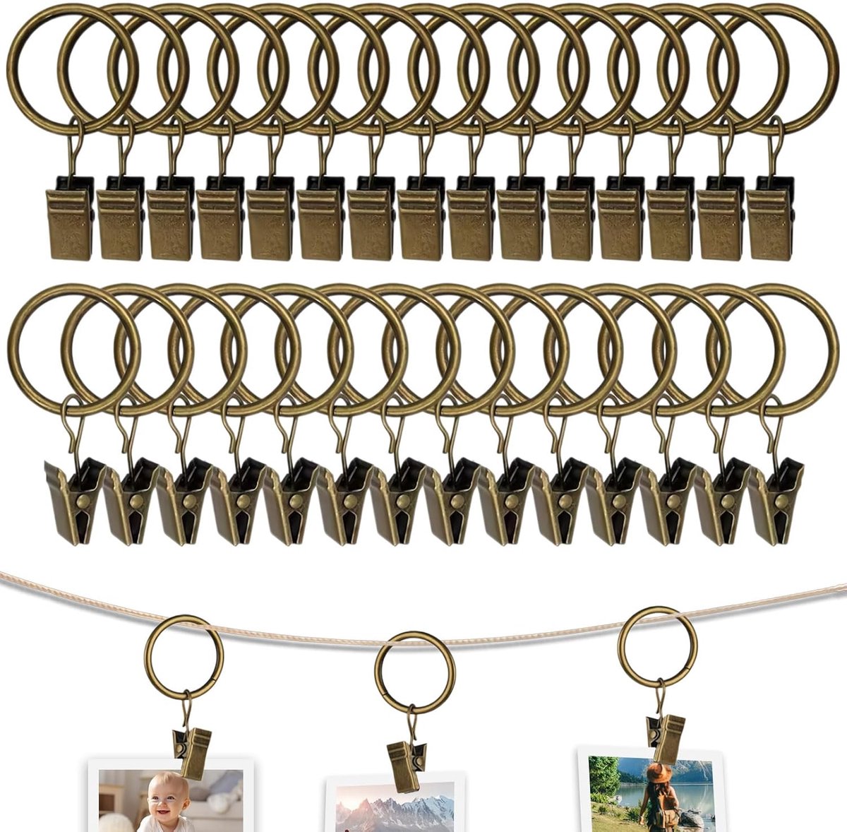 Gordijnringen met clips 30 stuks - Sterk metaal - Vintage koper - Voor eenvoudige bevestiging - ShopVlot
