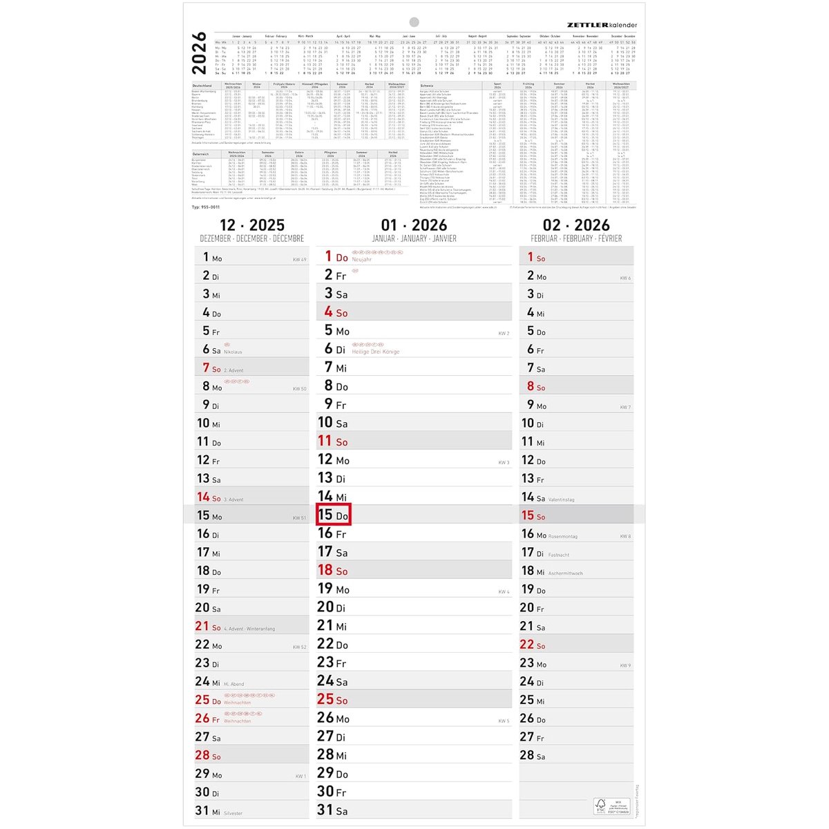 SnelShoppen - 3-Monatskalender Streifenplaner 2026 - Bureau Kalender 33x58,8 cm - Met Datumsschieber - Ideaal voor Organisatie en Plannen