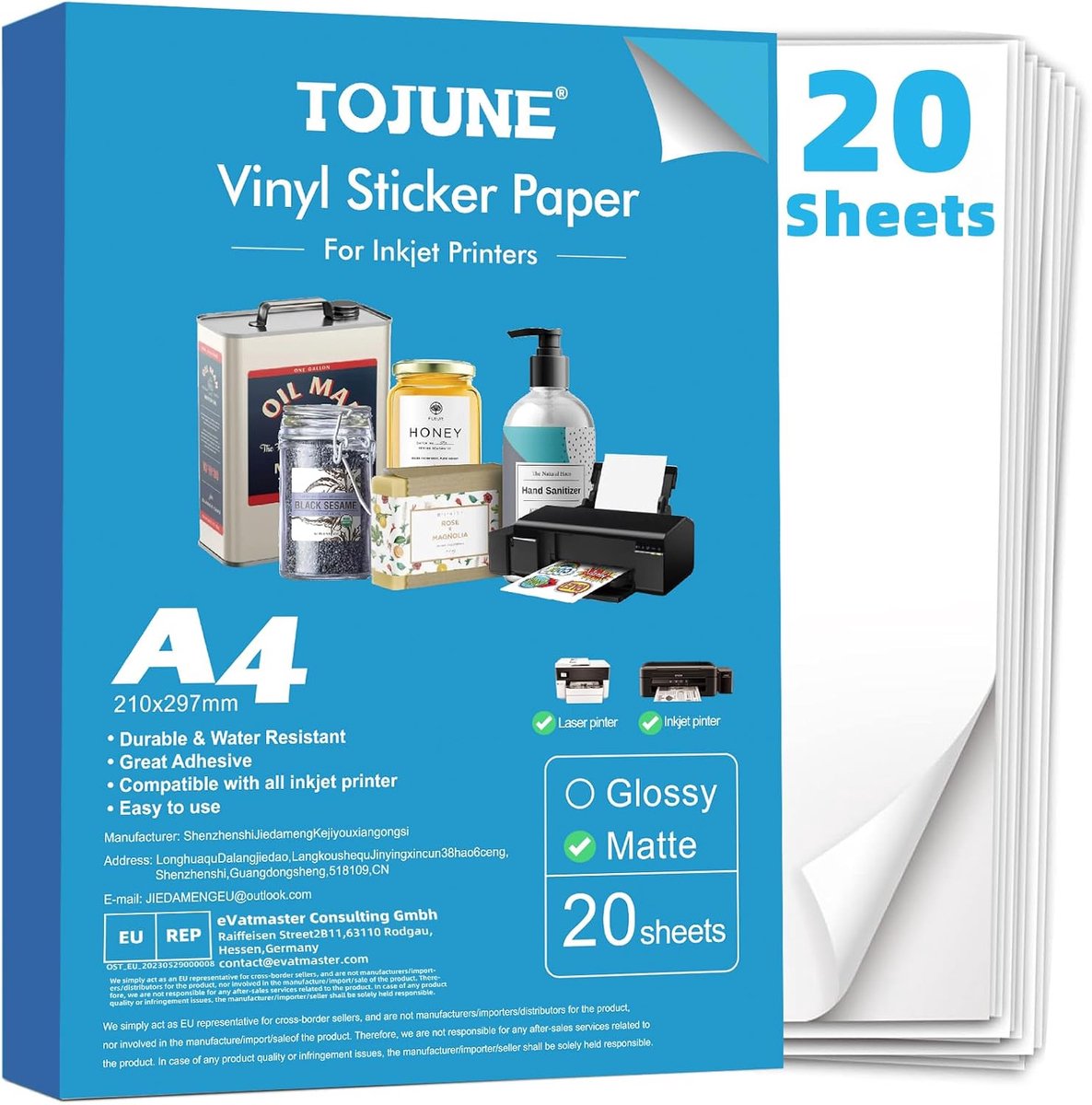 SnelShoppen - Printable Vinyl Sticker Paper A4 (Wit Matt) | Waterproof, Zelfklevend, Voor Inkjet & Laser Printers, 20 Stuks, Perfect voor DIY Design,