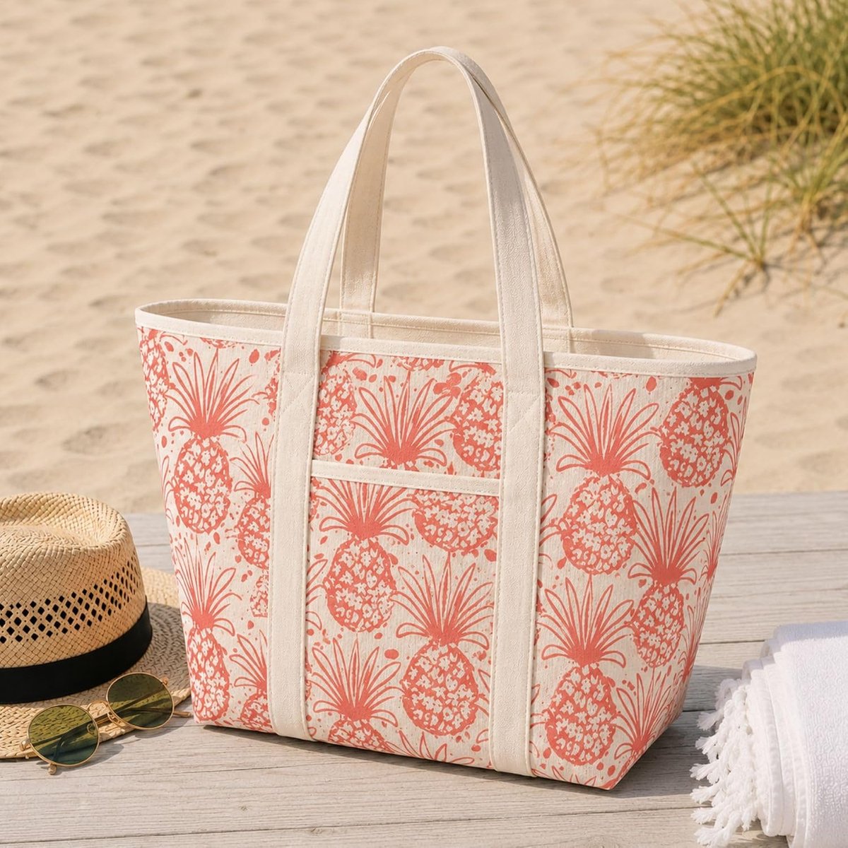 Strandtas XL 58x40cm - Ananasprint - Met ritssluiting en binnenvak - Ideaal voor strand en zwembad - ShopVlot