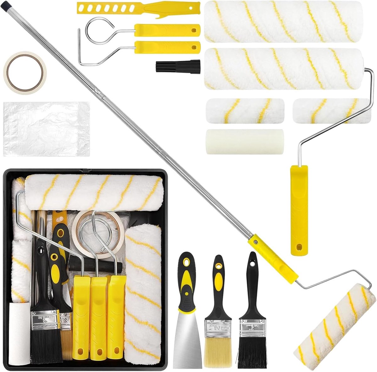 Verfroller set 18-delig - telescopische stang - voor muren en plafonds - compleet schilderpakket - ShopVlot