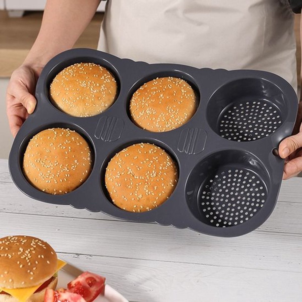 Siliconen broodbakvorm, antiaanbakvorm, herbruikbare hamburgerbroodvorm, thuisgebruik - 6 holtes