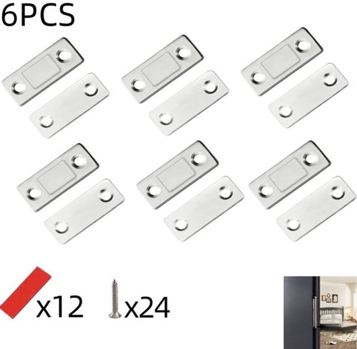 6 stuks - magnetische deursluitingen - zelfklevende lade sluitingen - magnetische kastsluitingen - voor keukenkasten, kledingkasten en schuifdeuren - zilver - 42×17mm