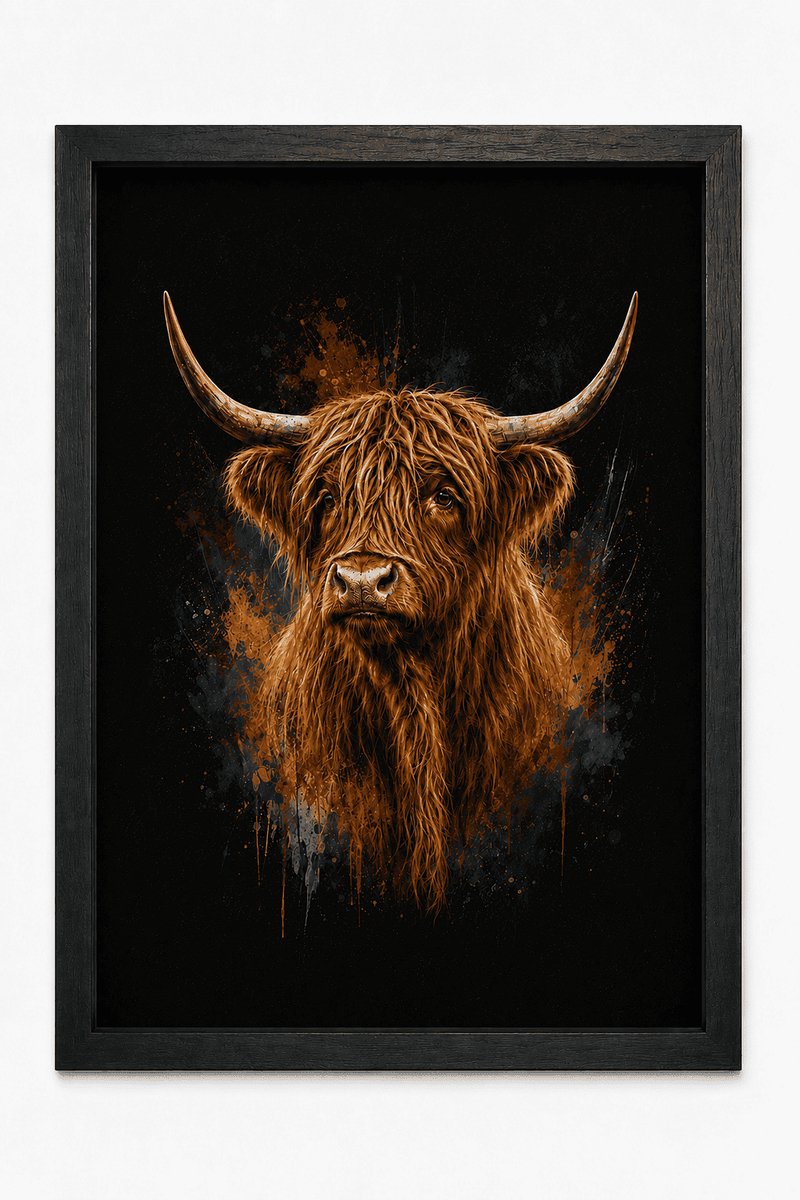 Schotse Hooglander Poster Kleurrijk | Dierenposter in Moderne Art Style | Wanddecoratie met Zwarte A4 Lijst