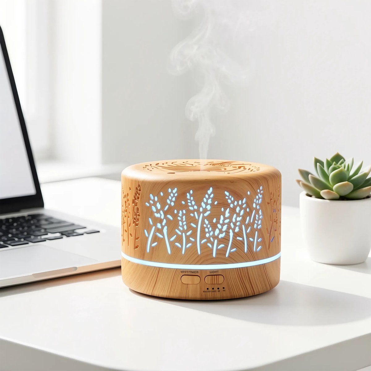zurabini - Aroma Diffuser- Luchtbevochtiger - met Afstandsbediening - 500ml Geurverspreider voor Etherische Oliën - Aromatherapie Diffuser met 7 LED Kleuren, Timer en Automatische Uitschakeling - Houtlook thumbnail 5