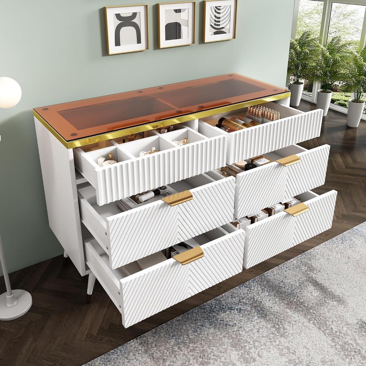 Ladekast Met Glas - Opbergkast Sideboard - Woonkamer Organiseren - Zes Laden Met Indeling