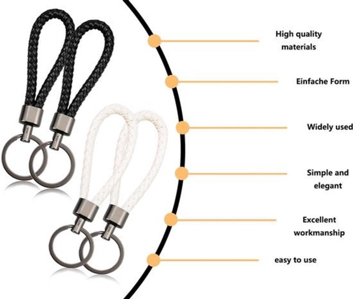 Set van 4 gevlochten leren sleutelhangers met kleine metalen gesp voor motorfiets, auto, fiets en huissleutel (wit en zwart)