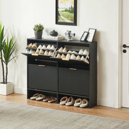 MODENUIT Schoenenkast - Nutfront Met Kantelbeveiliging - Voor Hal - Spaanplaat - Zwart - 120x24x102 Cm — afbeelding 5