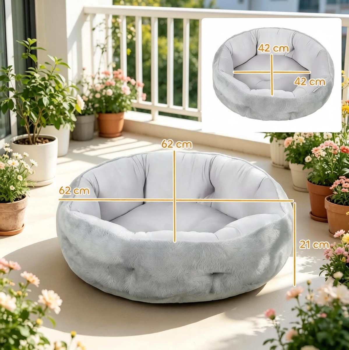MIVRAY Dierenmand – Omkeerbaar En Opstaande Rand – 62 X 62 X 21 Cm – Pluche En Katoen – Lichtgrijs – Voor Kat En Kleine Hond Binnen