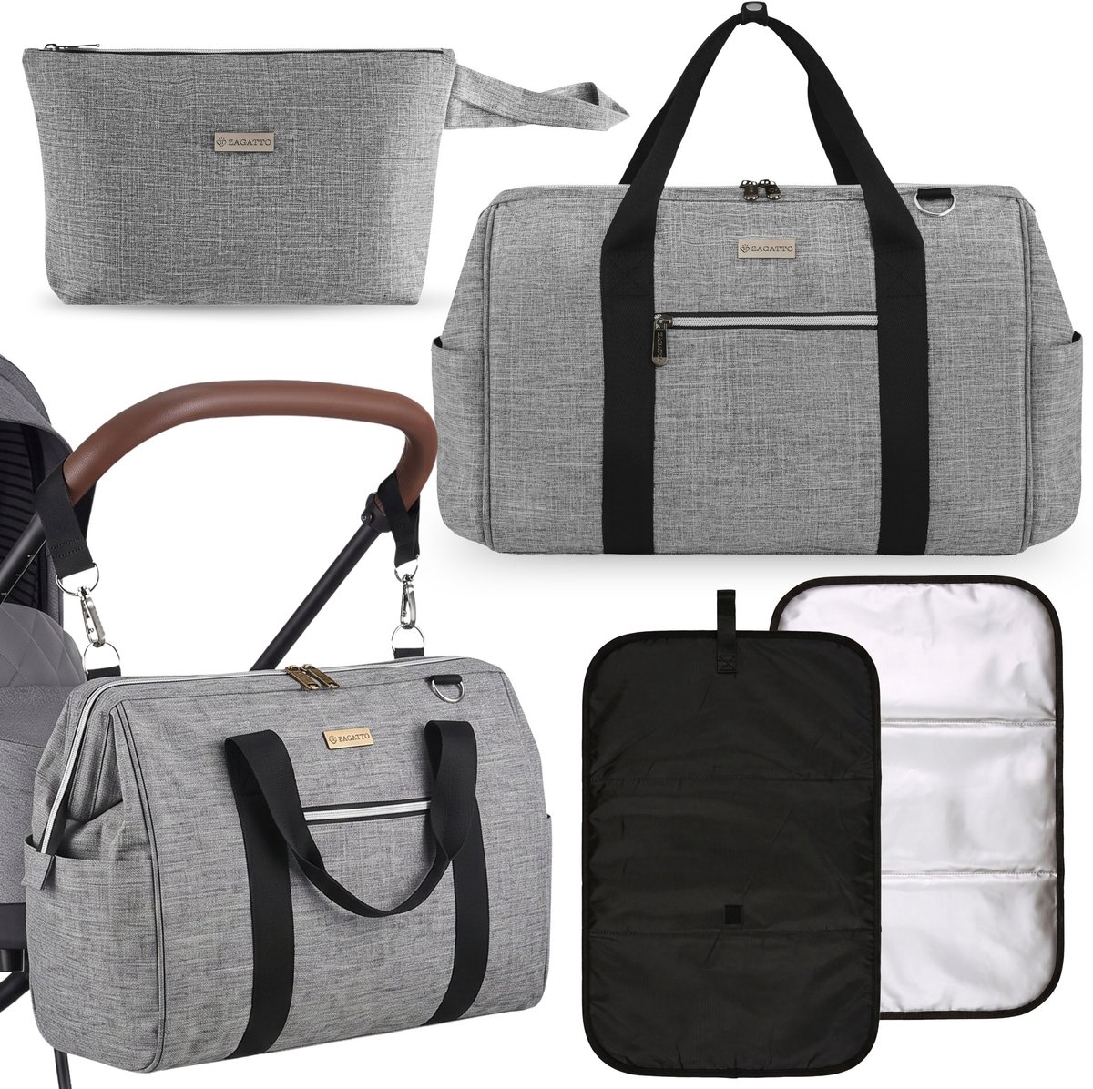 Zagatto WATERDICHTE 3in1-set, RUIME tas voor de kinderwagen met toilettas en matje, SET