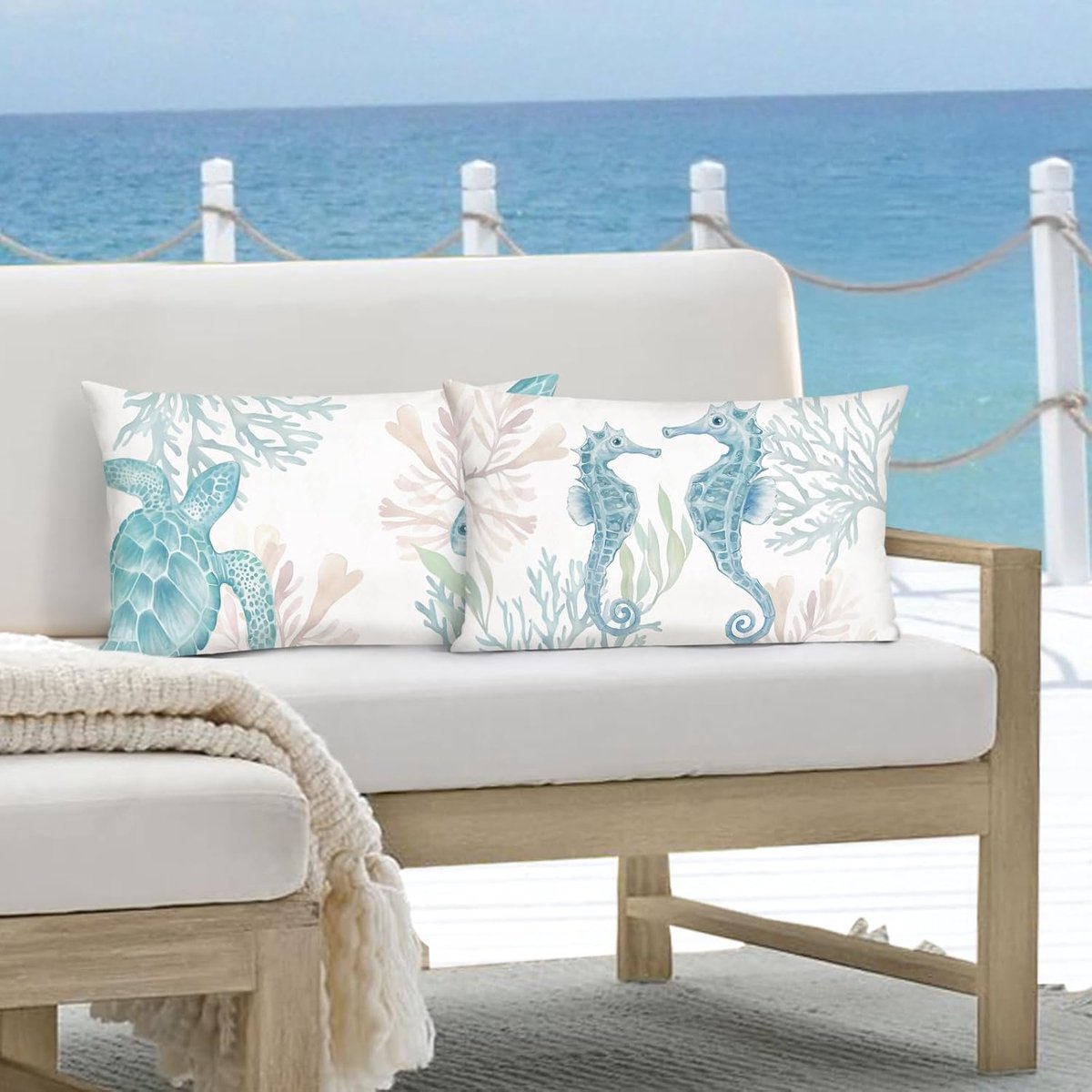 SnelShoppen - Decoratieve Kussenhoezen Ocean Coast 30 x 50cm Set van 2 - Zee Schildpad en Zeepaard Motief - Zachte Pluche Kussens voor Sofa en Bed - I