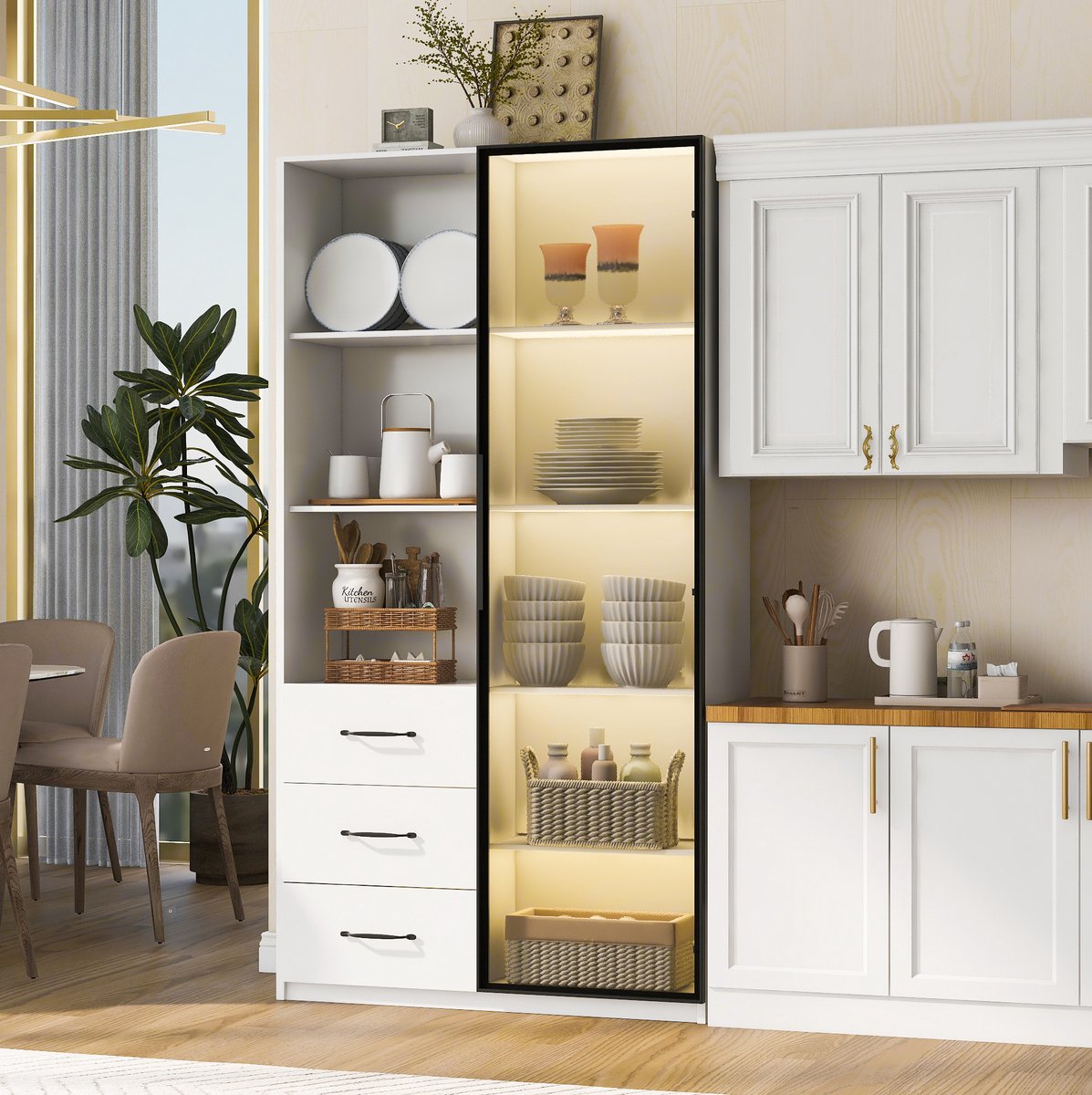 COVREO Boekenkast 80 x 40 x 160 cm – wit, met glasdeur, 3 lades en LED-verlichting