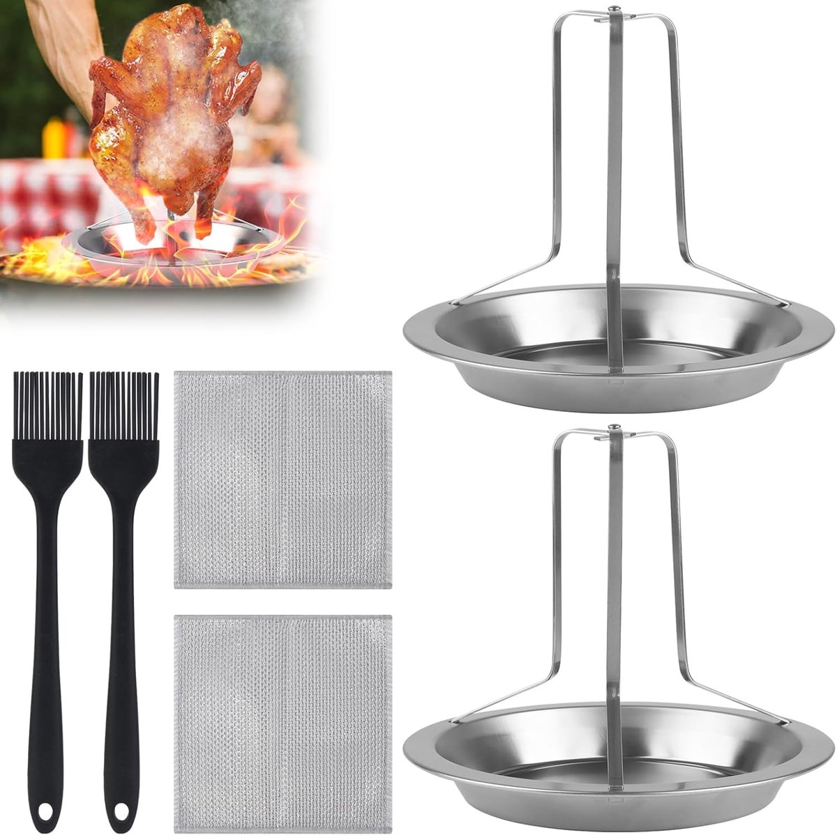 SnelShoppen - 2 Stuks Kippen Casserole RVS Verticale Kippenstandaard Grill met 2 Oliekwasten en 2 Schoonmaakdoekjes - Perfect voor BBQ, Oven en Kamper