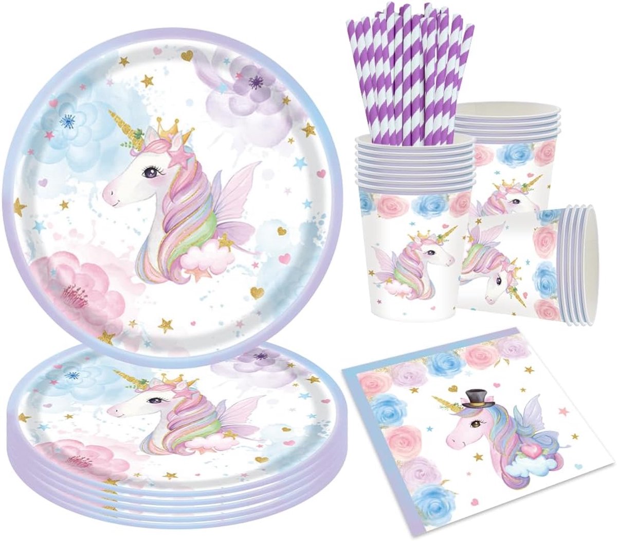 SnelShoppen - Unicorn Party Dinnerware Set - Feestelijke Unicorn Tafelset - 24-delig - Kindertafelservice - Perfect voor Verjaardagsfeestjes - Kleur: