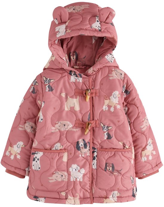 Roze gewatteerd jack met hondenprint, capuchon met oortjes en knevelsluiting.