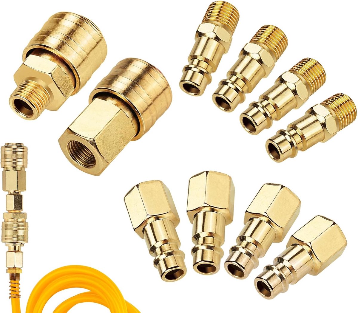 SnelShoppen - 1/4 NPT Compressed Air Coupling - 10 Stuks Snelle Luchtverbinding, Goudgeplateerde Air Compressor Fittingen voor Pneumatische Gereedscha