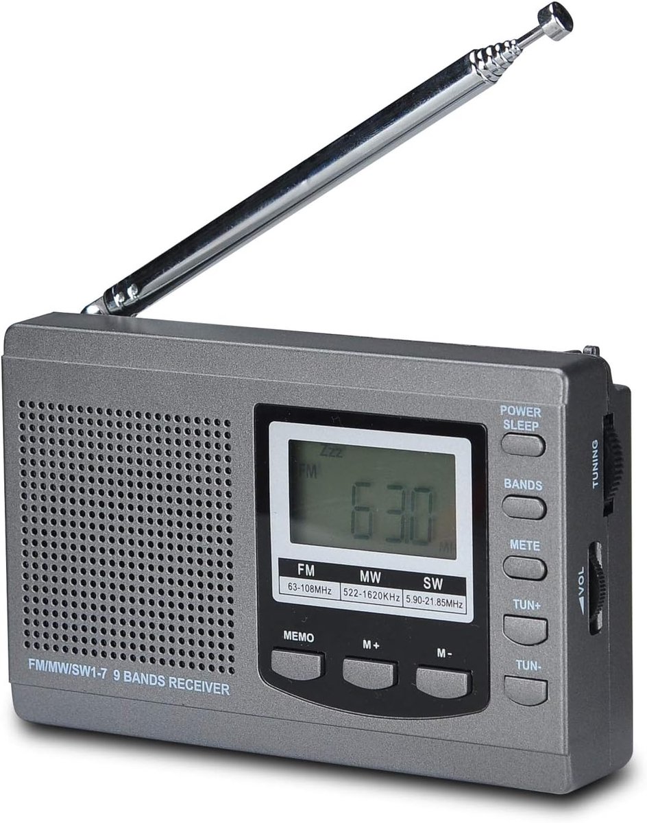 SnelShoppen - Full-Band AM/FM/SW Radio met LCD Display, Stereo Speaker, Alarmklok & Sluimerfunctie - Perfect voor Camping, Thuis of Onderweg - Grijs