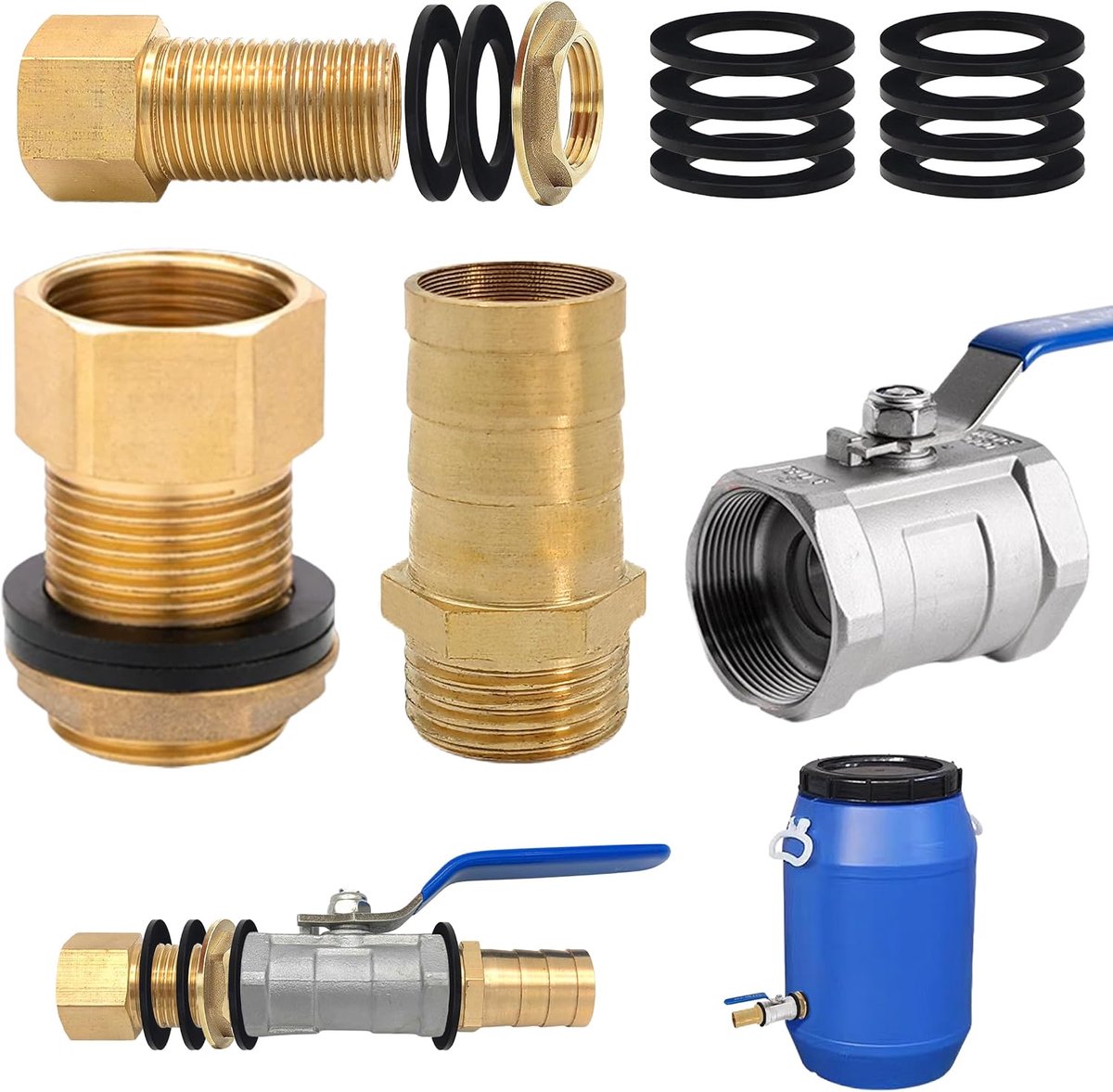 SnelShoppen - Messing Tankschroefverbinding 1/2 inch met Afsluitventiel & Schroefdraadaansluiting - Complete Set voor Watertank, Watervat, Tuin en Hui