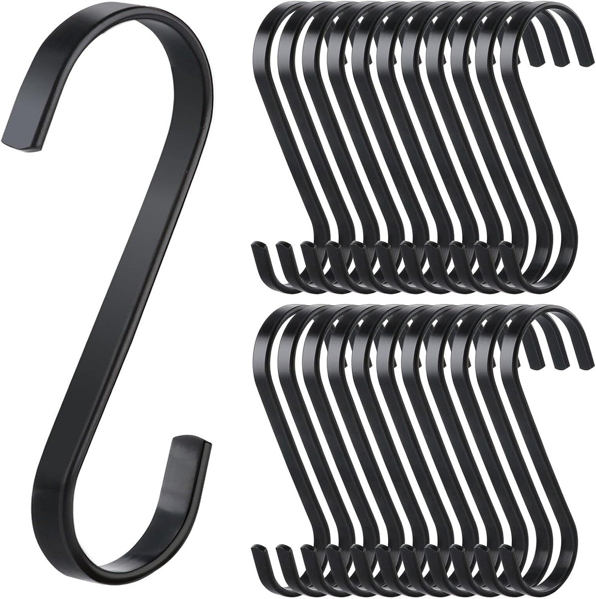 SnelShoppen - 20 Stuks S-Haakjes voor Ophangen - RVS met Zwarte Coating - Multifunctionele Keukenhaken voor Keukenaccessoires, Handdoeken, Kleding, Pl