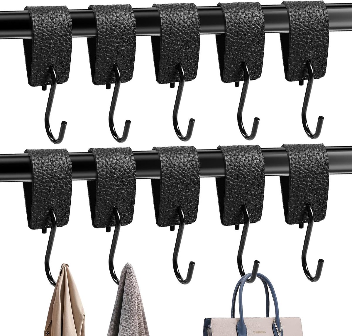 SnelShoppen - Pack van 10 Zwarte S-Haken met Leren Lus - Ideaal voor Kleding, Keuken en Camping - Stevige Metalen Haken voor Wandkasten en Kledingrail