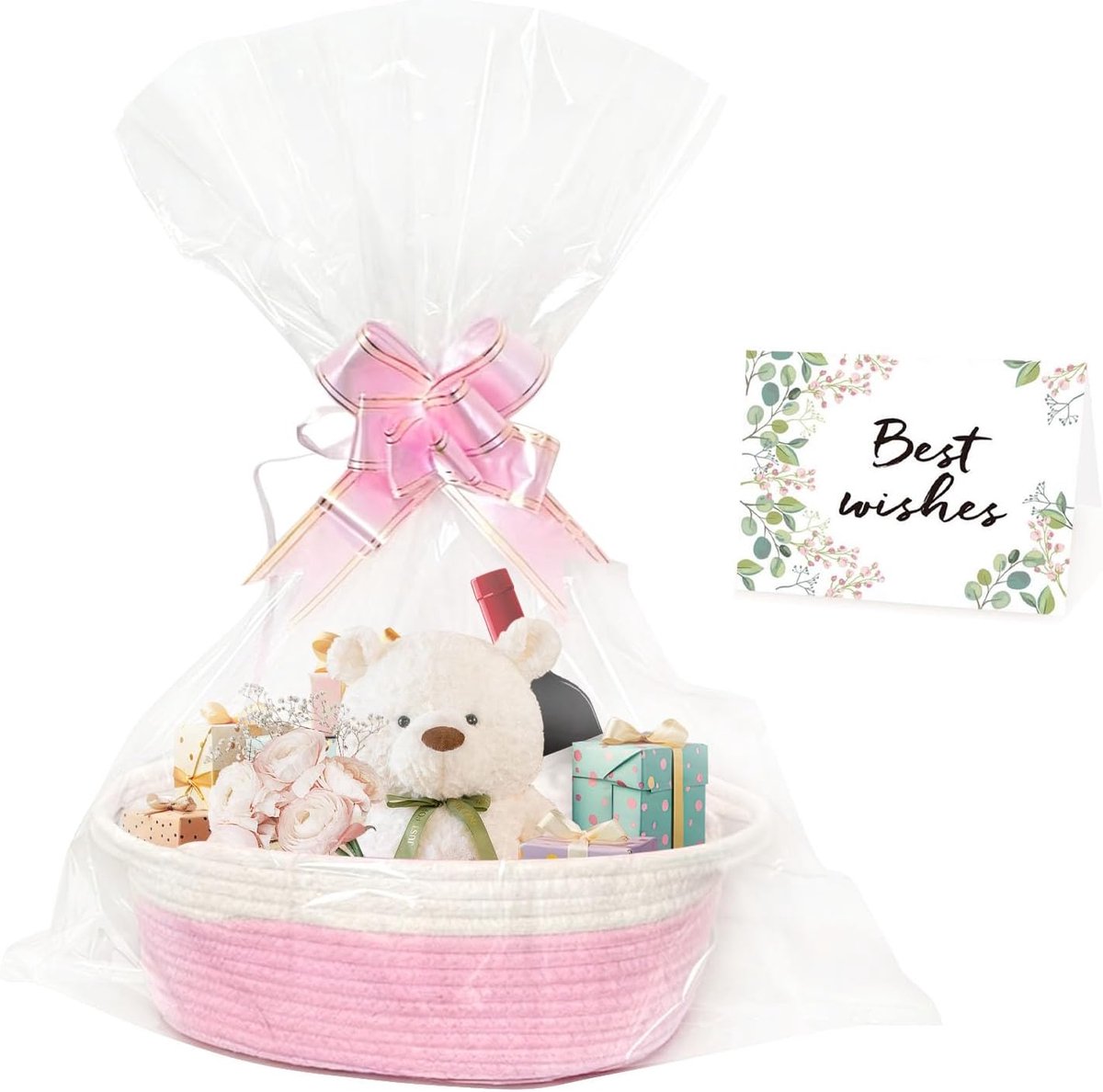 SnelShoppen - Cadeaumand Leeg Gevlochten Mand voor Geschenken met Cadeauzakjes, Linten en Wenskaart, Opbergmand, Geschenkmand voor Kerstmis, Verjaarda
