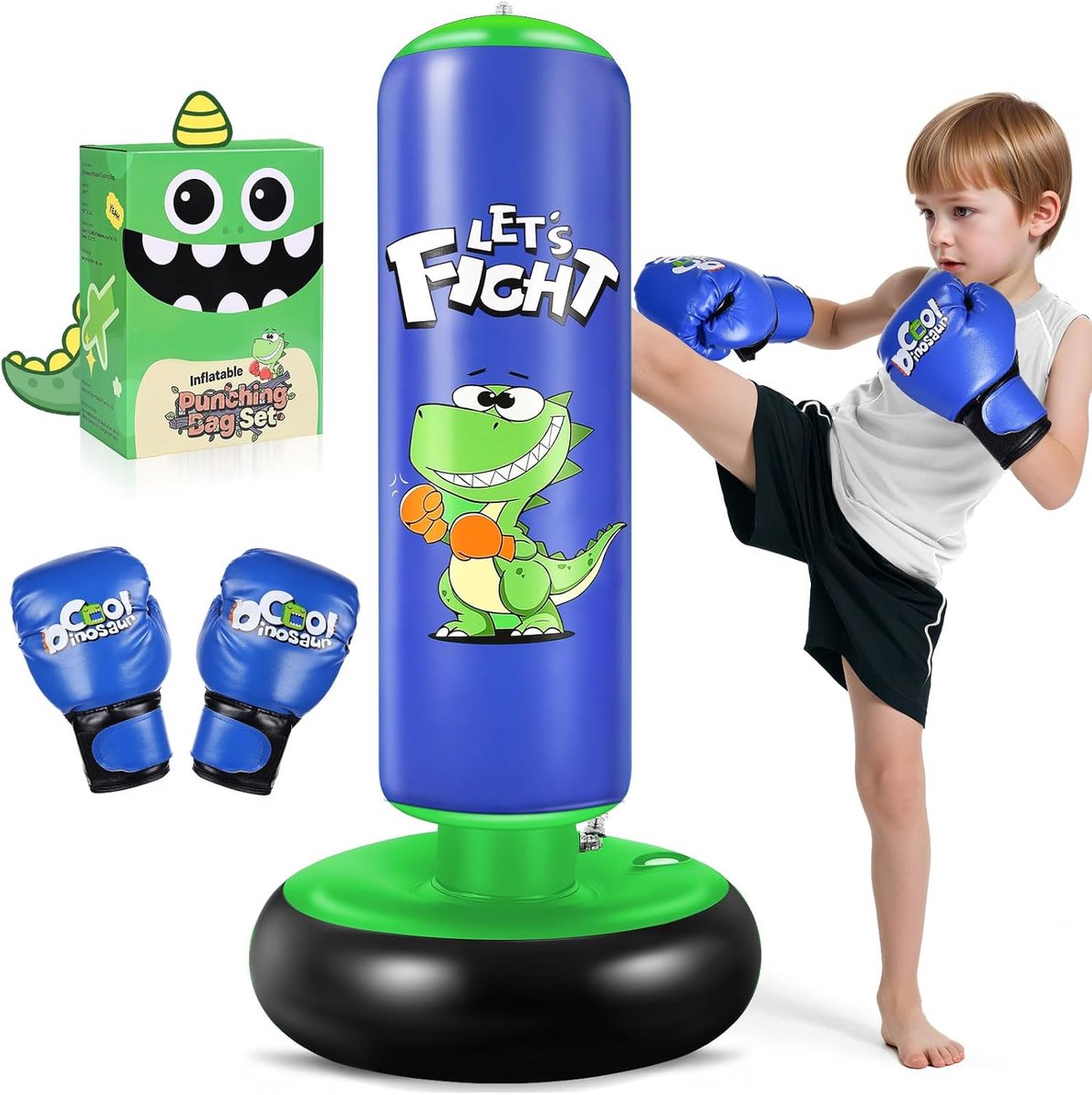 SnelShoppen - Kinderen Punching Bag 120 cm - Dinosaurussportset met Bokshandschoenen voor 3-8 Jaar - Stabiliteit voor Karate & Taekwondo - Actieve Spe