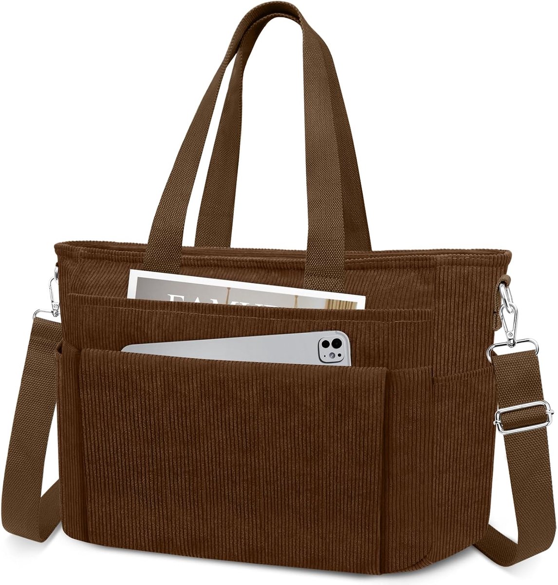 SnelShoppen - Dames Handtas Grote Lichtgewicht Nylon Tote Schoudertas Shopper Tas Voor Werk Reizen Kantoor Winkelen School (23L), Bruin Cord