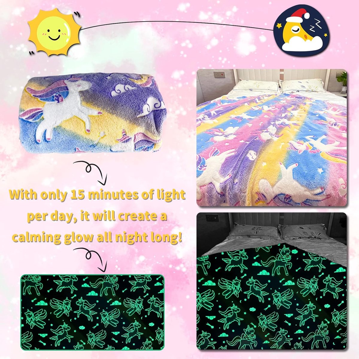 SnelShoppen - Cuddly Unicorn Blanket voor Kinderen, Glim in het Donker, Super Zachte Fluffy Dekens, Perfecte Cadeaus voor Meisjes, 150 x 150 cm, Roze,