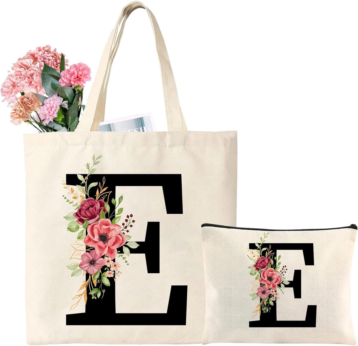 SnelShoppen - Tarklanda Tote Bag Initial, Canvas Tas met Bloemenletter, Dames Shopper, Gepersonaliseerd Cadeau voor Vrouwen, Vriendinnen, Moeder, Verj