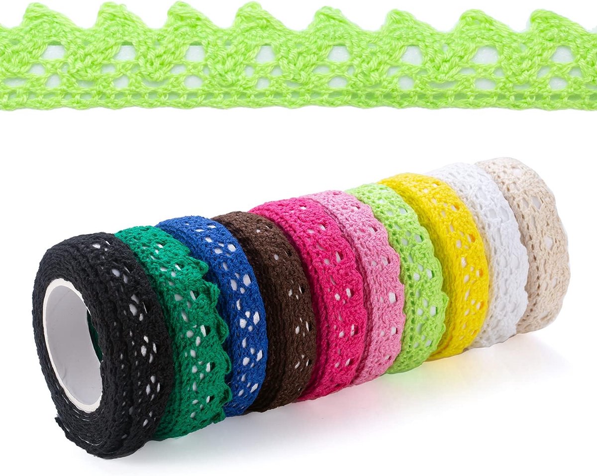 SnelShoppen - 10 Rollen Zelfklevende Kant, Decoratieve Vintage Band voor Knutselen, 1.8cm Breed, 10 Kleuren (Beige, Wit, Rood, Blauw, Groen, Bruin, Zw