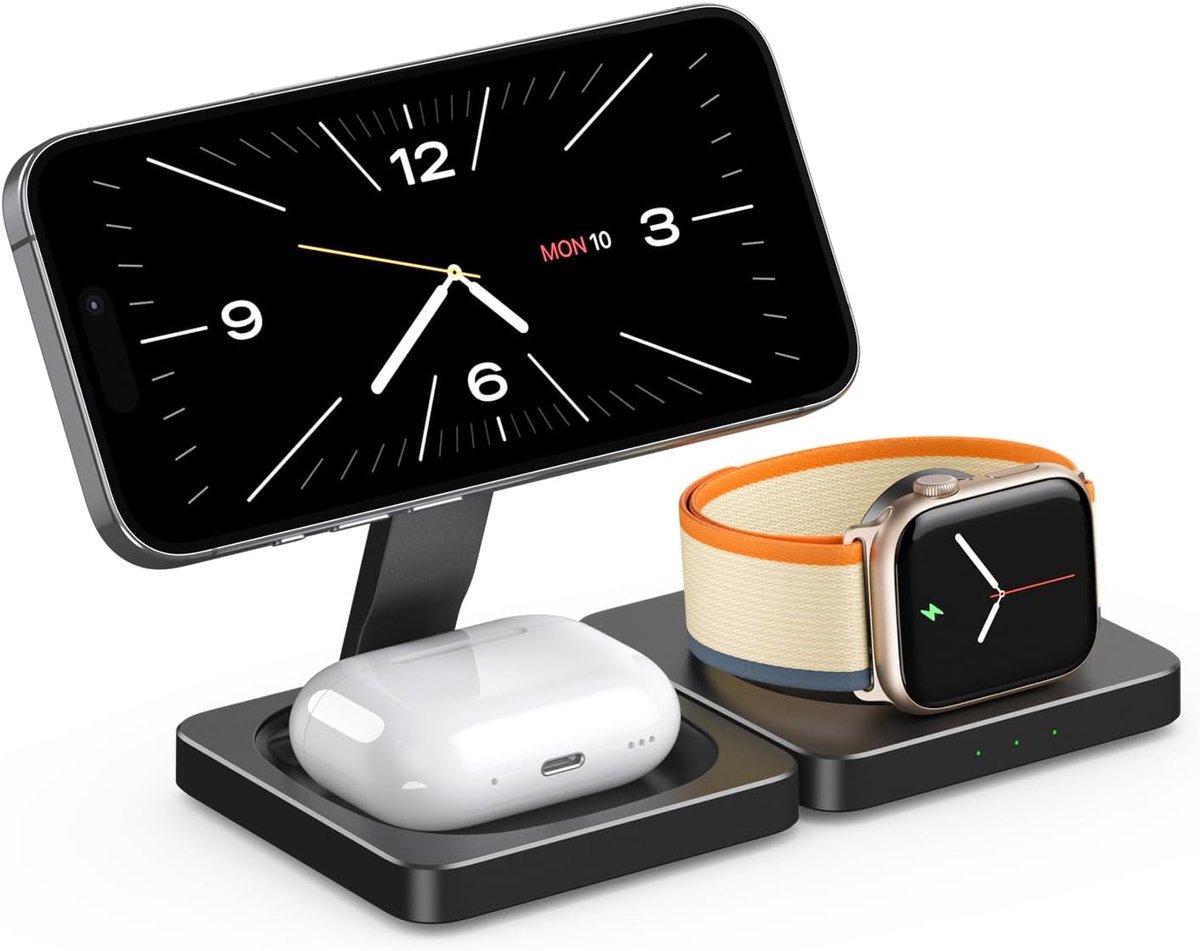 SnelShoppen - Draadloze Oplader Dock 3-in-1, Snelladen tot 15W, Vouwbaar voor Reis, Meerdere Veiligheidsbescherming, Compatibel met iPhone 17/16/15/14