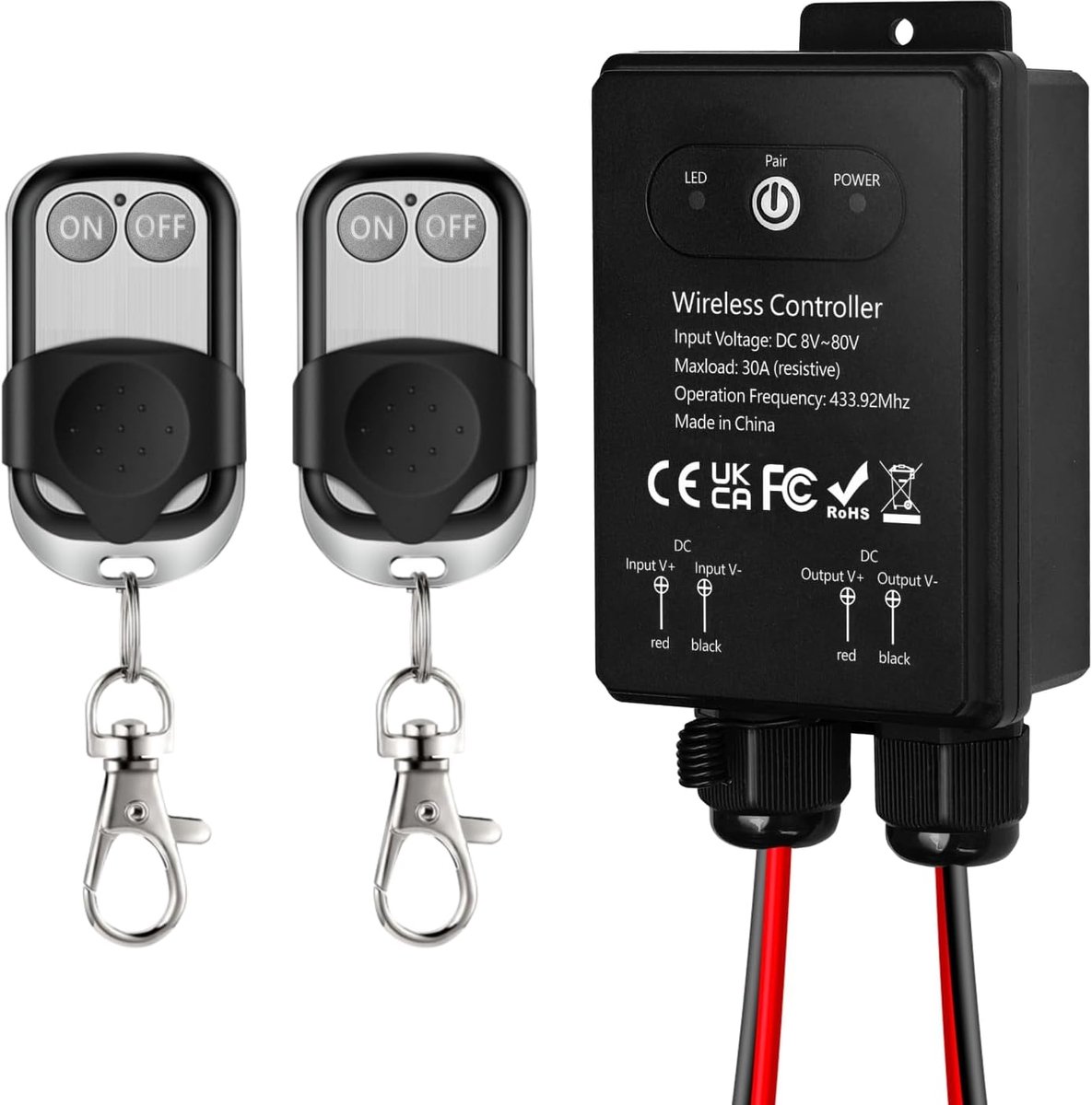 SnelShoppen - Waterproof Remote Control Switch 12V/24V/48V/72V DC, Draadloze Schakelaar met 30A Relais voor Lampen, Plafondventilatoren en Elektrische