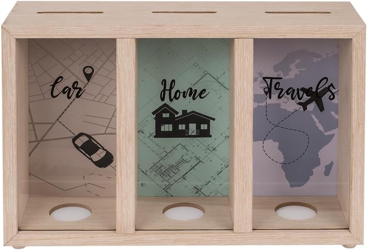 SnelShoppen - Houten Spaarpot met 3 Compartimenten, Multi-Kleur, Geldbox, Cadeaubox voor Vakantie, Reis, Auto, Thuis, 1x