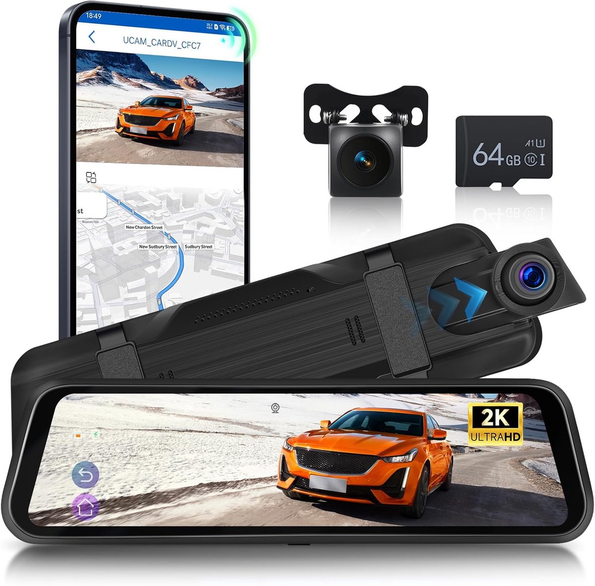 SnelShoppen - 2K Wifi Dashcam Achteruitkijkspiegel met 9,66 inch Touchscreen, Dubbele Lens, Nachtzicht, Loopopname, G-sensor, 64G Micro SD Kaart, Veil
