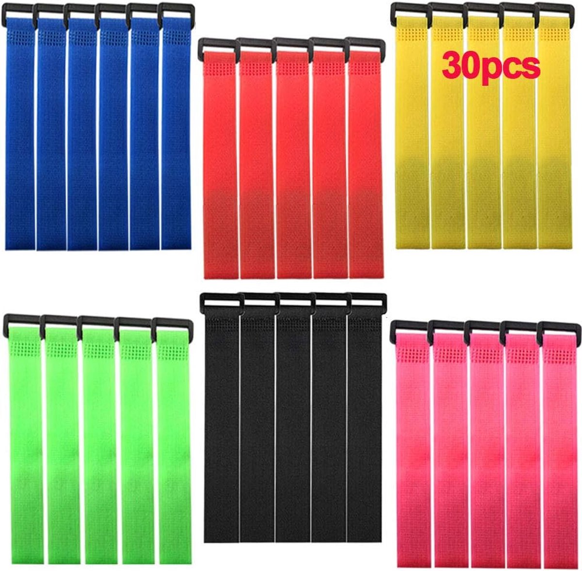 SnelShoppen - 30 Stuks 20 X 2cm Nylon Kabelbinders Set, Herbruikbare Kabelstraps, Verstelbare Kabelbinders in Rood, Geel, Blauw, Groen, Roze en Zwart