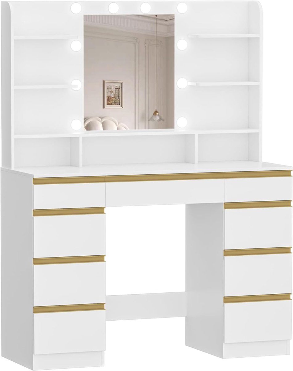 SP® Kaptafel - 10 LED - Makeup Tafel - Kaptafel met LED Spiegel - Wit - 40cm x 107cm x 140cm