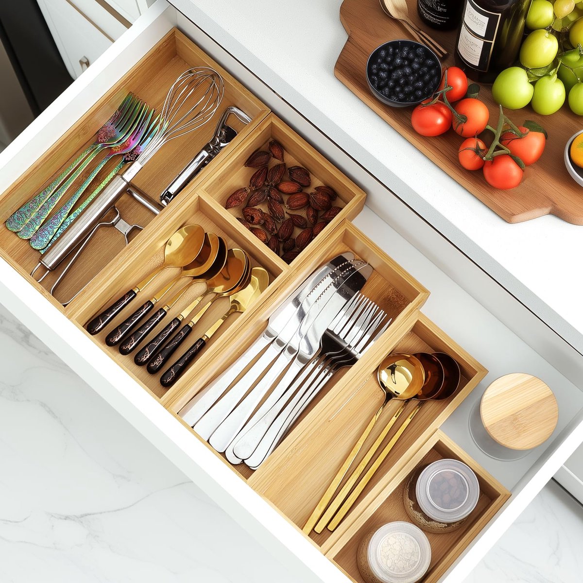 SnelShoppen - Bamboe Lade-organizer Set 5-delig - Multi-functionele Houten Opberg-organizers voor Keuken, Badkamer, Bureau, Make-up en Sieraden - Lade — cadeau in Cadeau-ideeën - foto 6