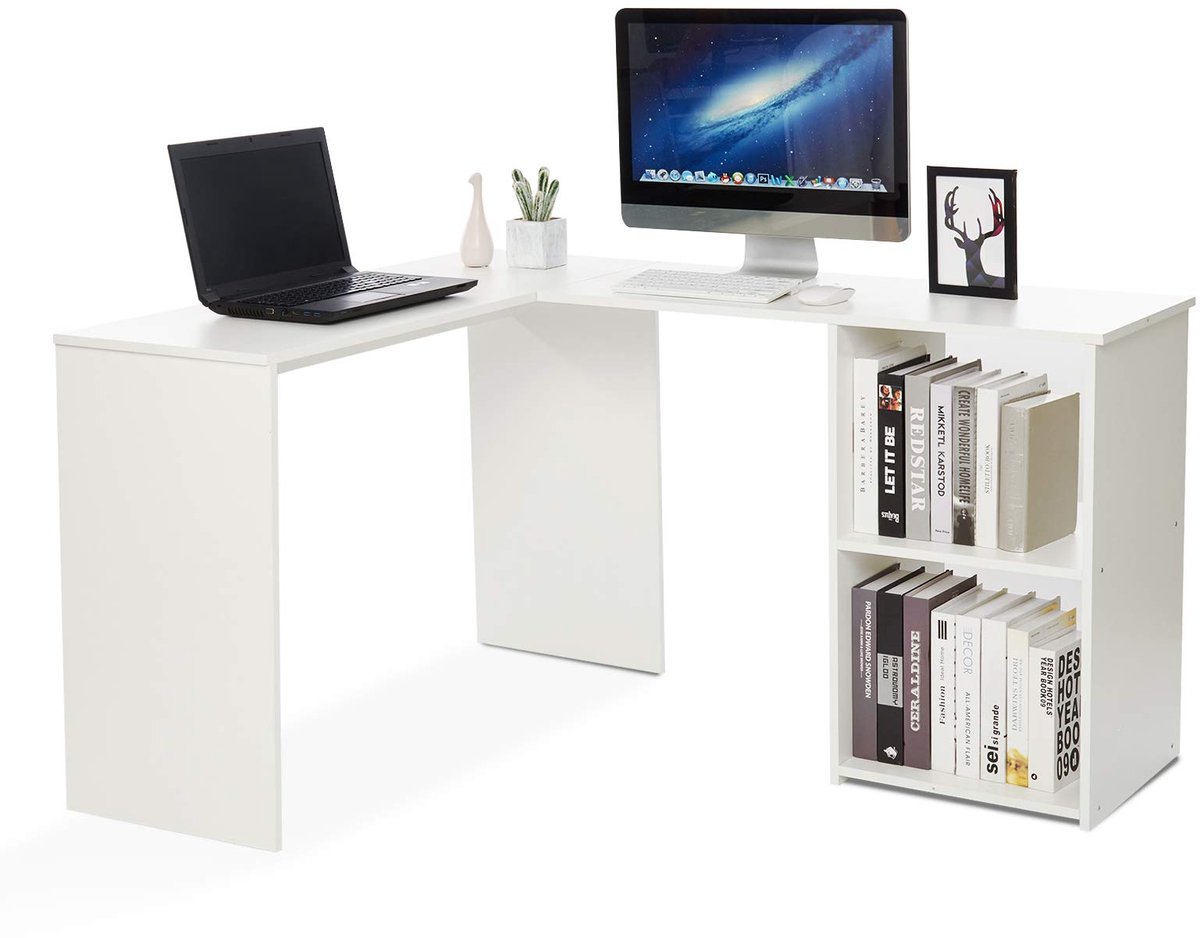 SnelShoppen - Hoekbureau van Hout, Wit, 108 × 135 × 73,5 cm - Modern Design voor Thuiswerkplek, Studie, Kantoor, Compact en Ruimtebesparend