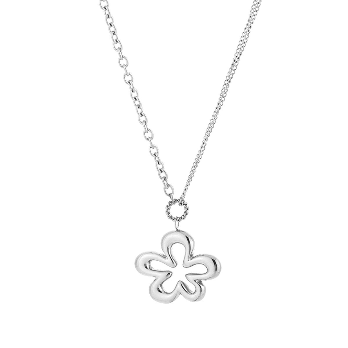 Modieuze Roestvrij Stalen Ketting - Gelaagde Schakelketting met Abstracte Bloemhanger - Stainless Steel Sieraad - Zilver