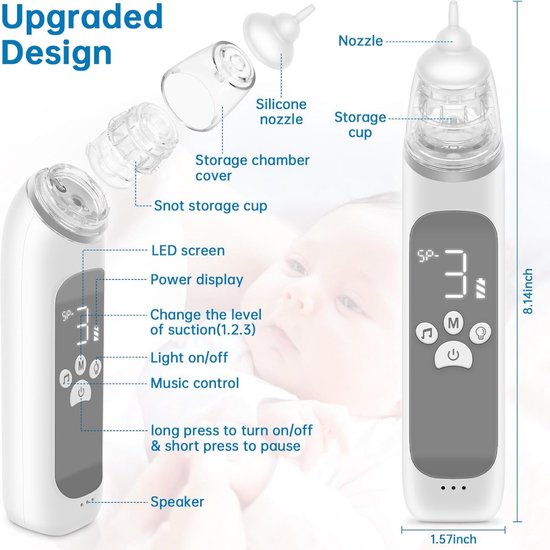 Neusreininger Baby - Elektrische Neuszuiger - Neus Aspirator met USB - Snotverwijderaar-grijs van Merkloos — afbeelding 2