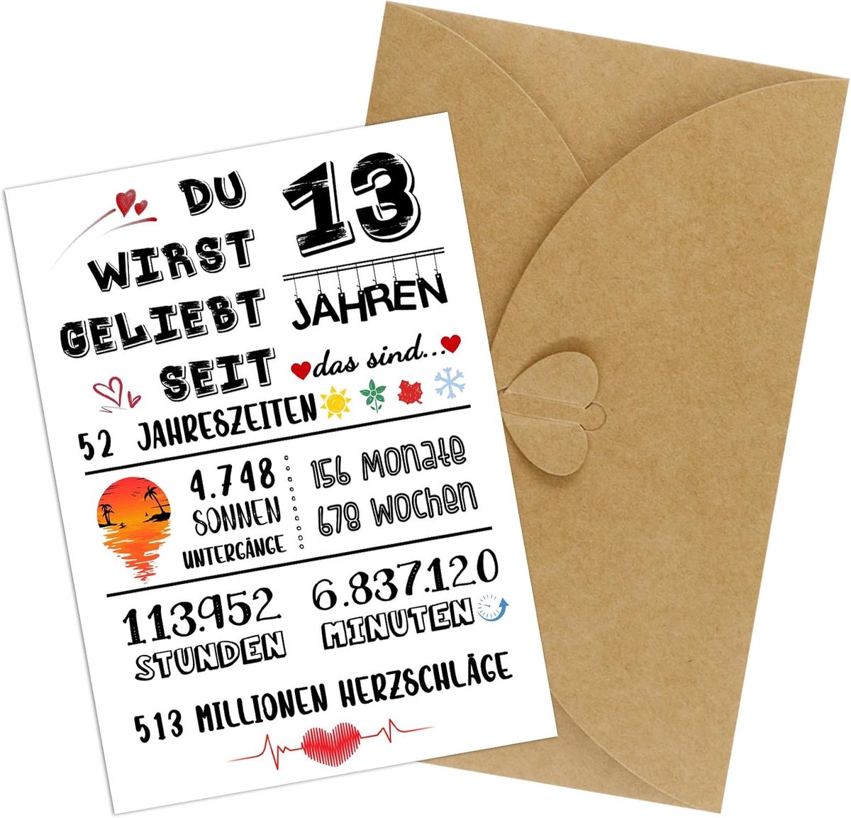 SnelShoppen - Verjaardagskaart 13e Verjaardag met Kraft Papier Envelop - Grappig Cadeau voor jongens en meisjes - Compleet Geschenkset voor Feest