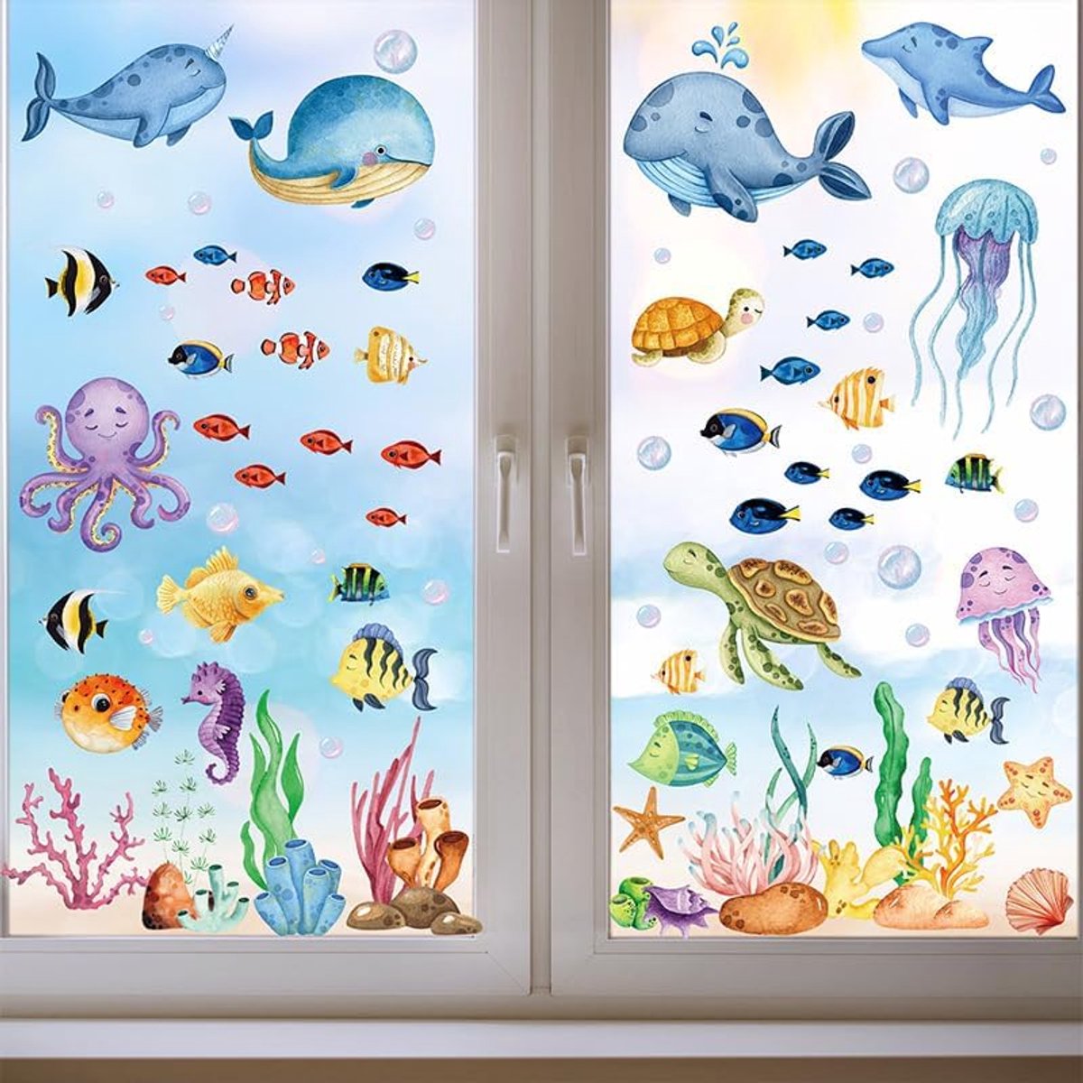 SnelShoppen - Raamstickers Onderwater Dieren - Herbruikbare Static Vensterdecoratie voor Woonkamer en Kinderkamer - Eco-vriendelijk PVC - Kindvriendel