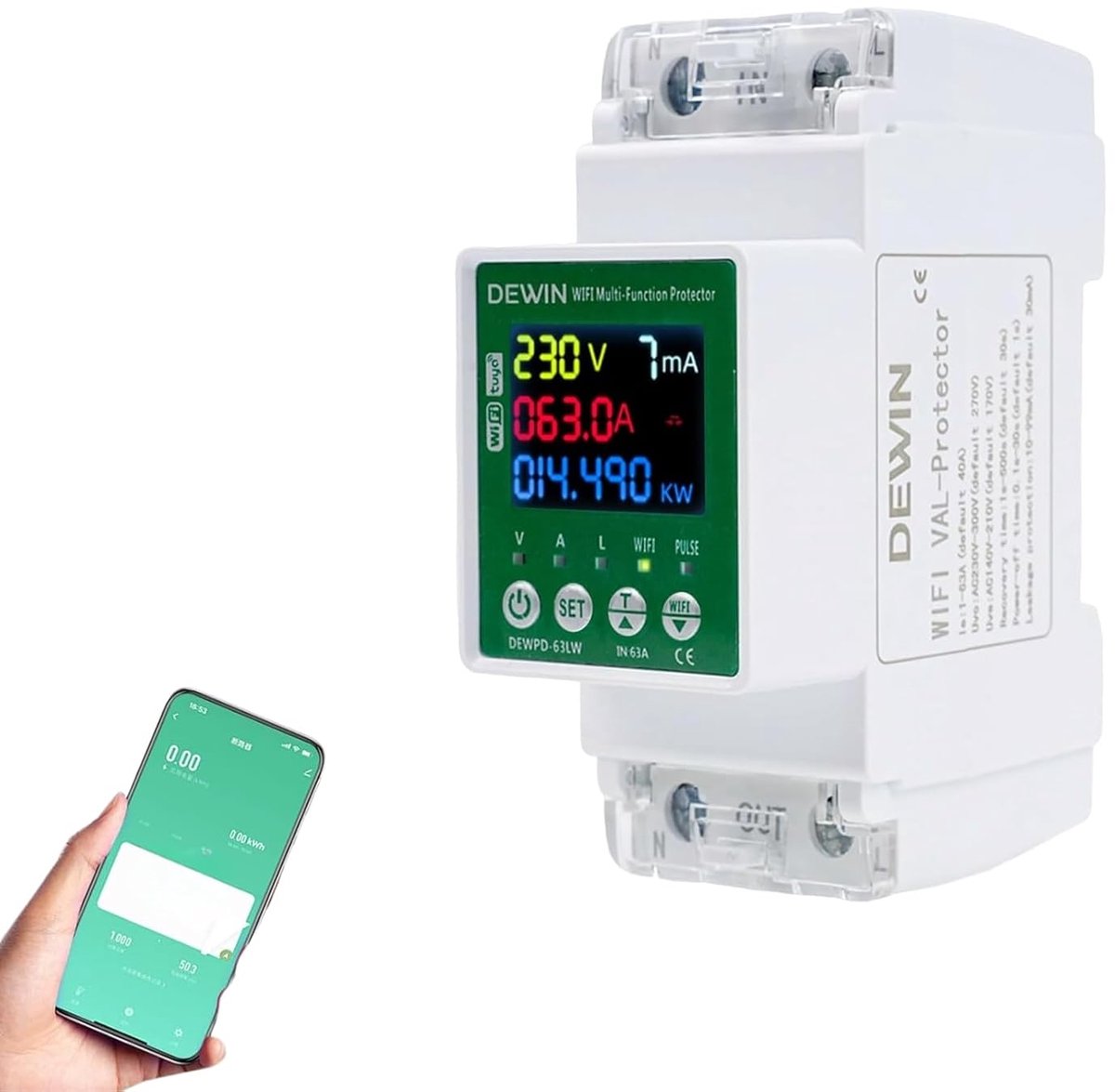 SnelShoppen - WiFi Elektriciteitsmeter DIN Rail 63A AC 230V met Overbelasting, Onderbelasting en Aardlekbeveiliging, LED Display voor Slimme Huizen