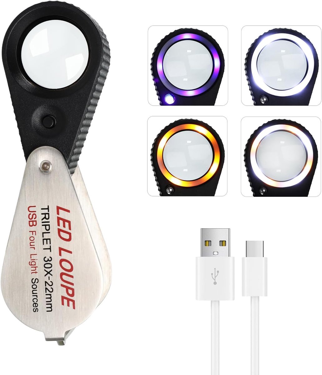 SnelShoppen - Oplaadbare LED Loep 30X Vergrootglas met 4 Lichtstanden (UV/Warm/Natuurlijk/Wit), 22mm Optisch Glazen Lens voor Juweleninspectie, Horlog