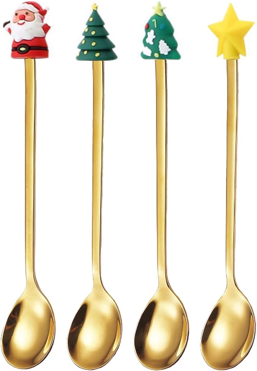 SnelShoppen - Kerst Lepel Set - 4 Stuks RVS Dessertlepels, Theelepels met Kerstpatroon, Goudkleurige Tafelaankleding voor Feestdagen, Perfecte Cadeaus