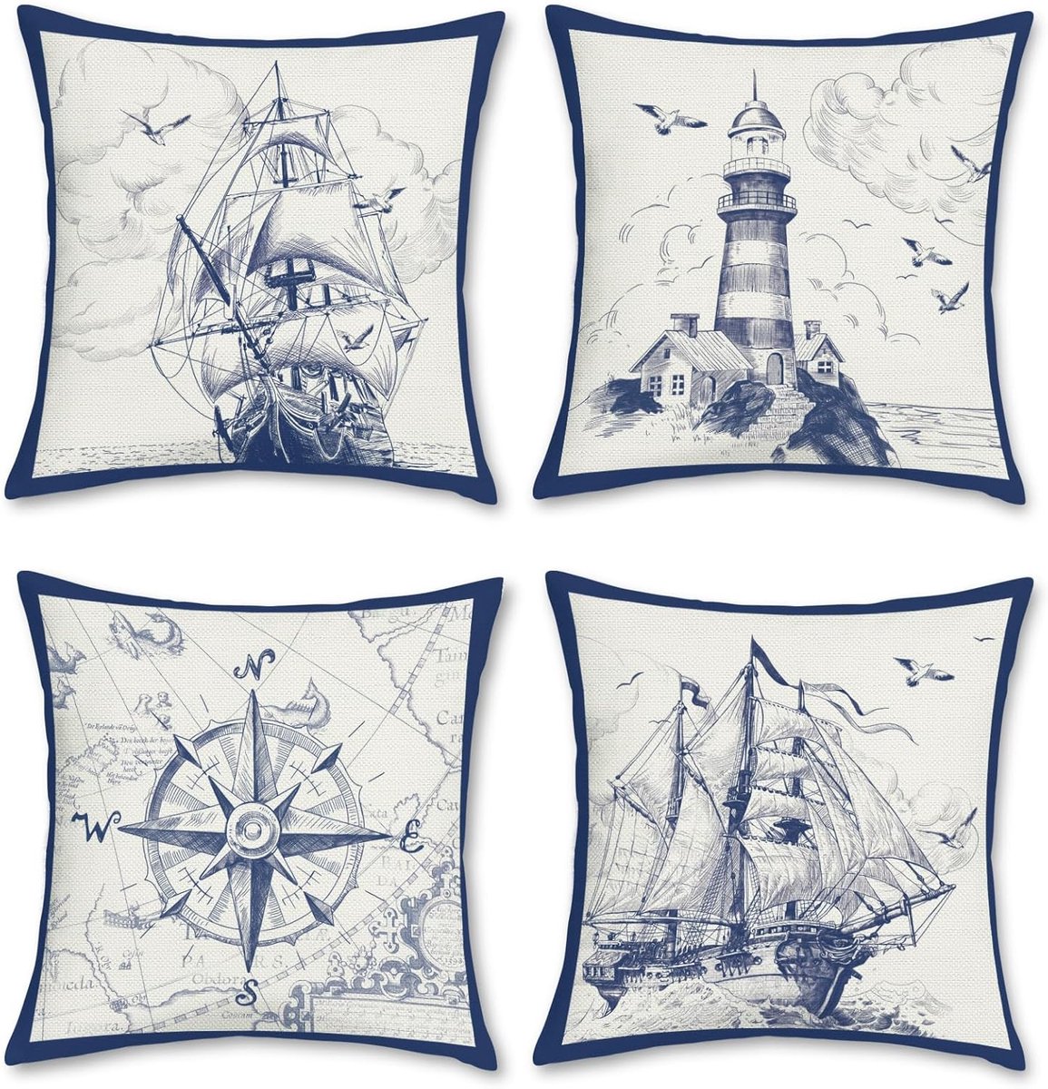 SnelShoppen - Nautical Sailboat Kussenslopen Set van 4 - 45x45cm Polyester Linnen - Kompas en Vuurtoren Design - Blauw Decoratieve Kussenhoezen voor S